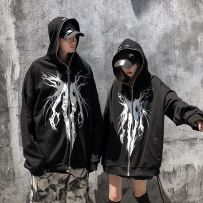 Ethereal Gothic Abstract Skelet Zwart Oversized Zip Up Hoodie