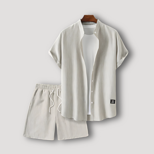 Neutrale Kleur Button Up Collar Shirt Trekkoord Shorts Two Piece Set Heren