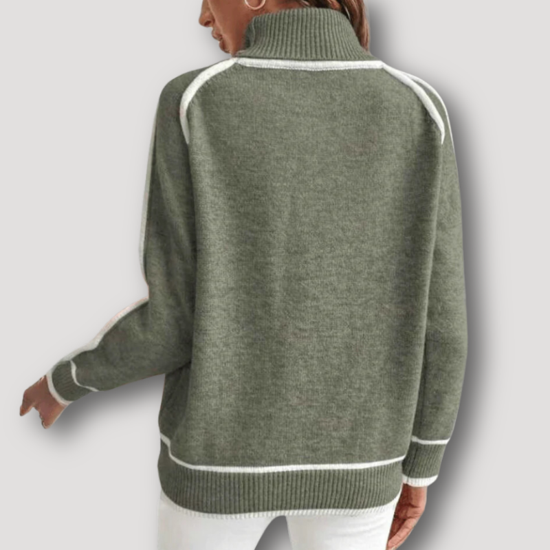 Olijfgroen Wit Accent Wol Turtleneck Knitted Sweater