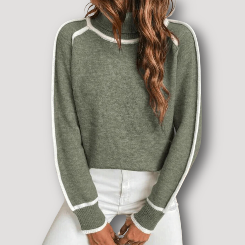 Olijfgroen Wit Accent Wol Turtleneck Knitted Sweater