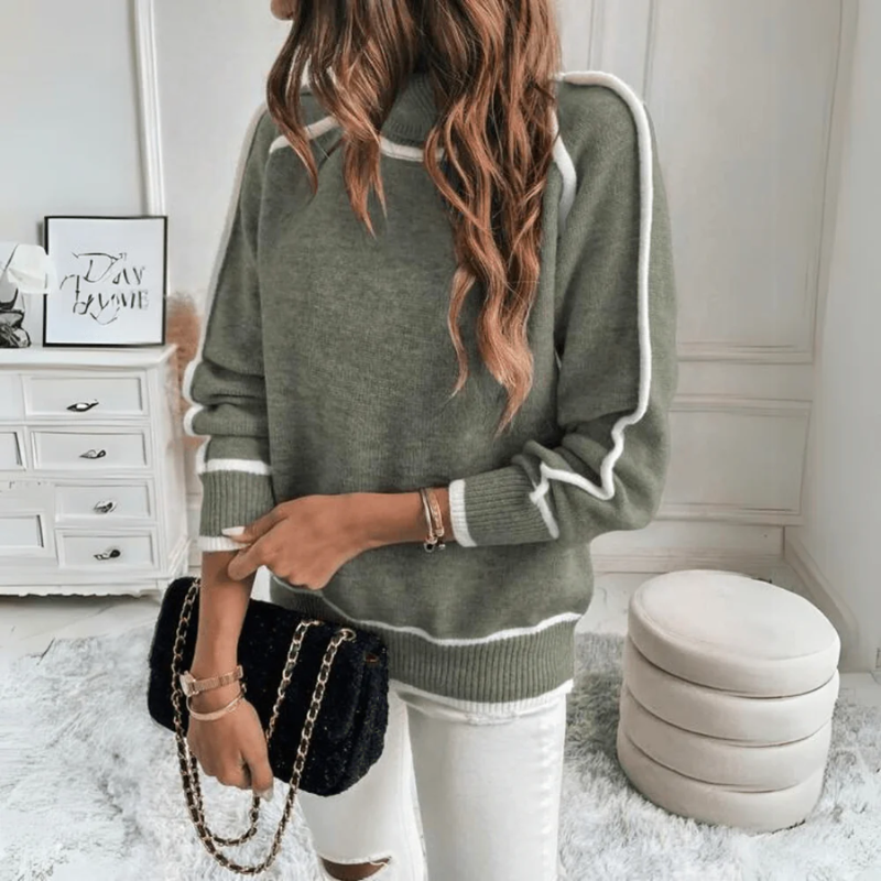 Olijfgroen Wit Accent Wol Turtleneck Knitted Sweater