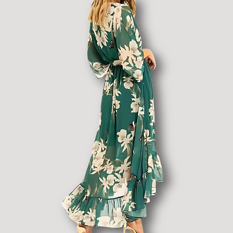 Asymmetrisch High Low Sheer Diepgroene Bloemenprint Maxi Jurk