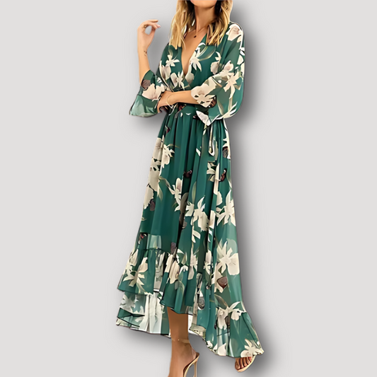 Asymmetrisch High Low Sheer Diepgroene Bloemenprint Maxi Jurk