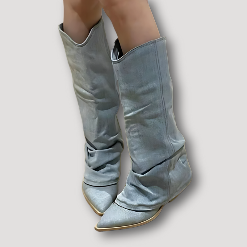 Lichtblauw Hoge Knie Loose Wrinkled Denim Boots