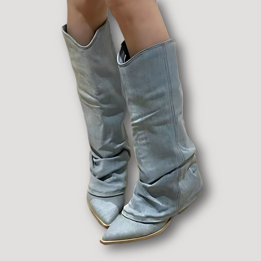 Lichtblauw Hoge Knie Loose Wrinkled Denim Boots