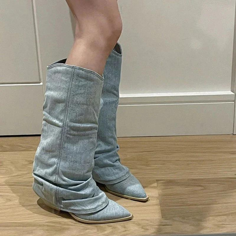 Lichtblauw Hoge Knie Loose Wrinkled Denim Boots