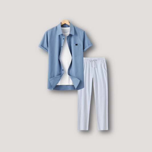 Blauw Kraag Shirt Linnen Broek Zomer Outfit Set