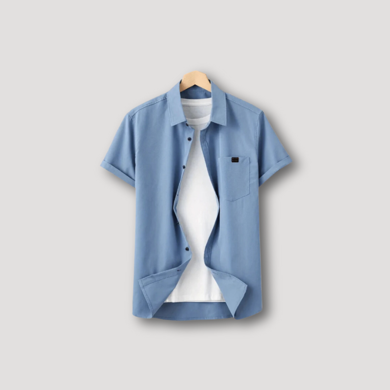 Blauw Kraag Shirt Linnen Broek Zomer Outfit Set