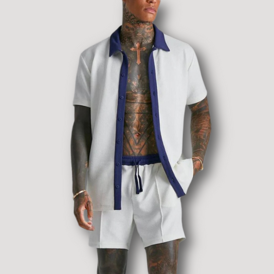 Kontrast Kleur Korte Mouw Shirt Korte Broek Set Zomer Outfit Mannen