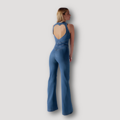 Retro V-hals Hert Cut Out Rits Denim Jumpsuit