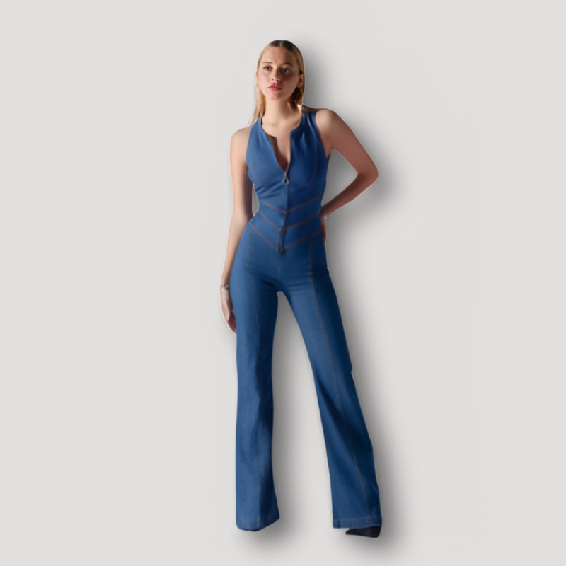 Retro V-hals Hert Cut Out Rits Denim Jumpsuit