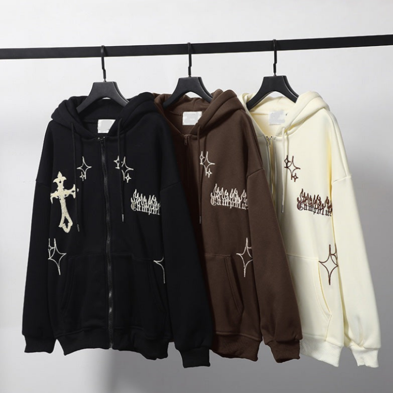 Y2K Cross Embroidery Zipper Hoodie - Streetwear voor mannen en vrouwen