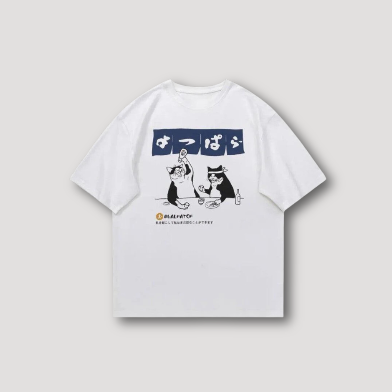 Japans Kat Drinken Grafisch Bedrukt Y2K Streetwear Shirt