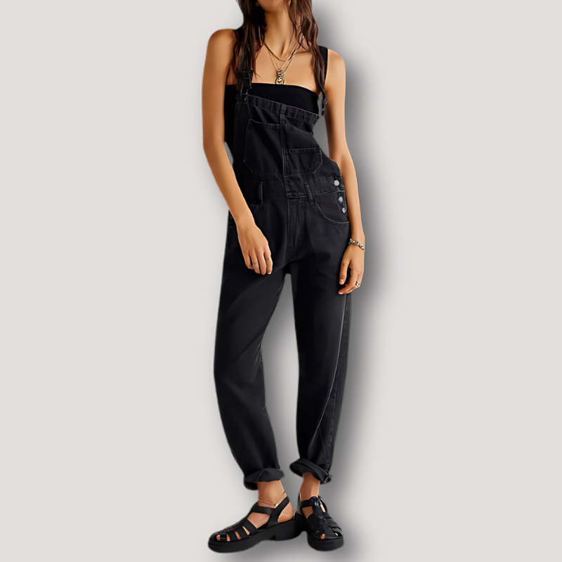 Loose Fit Patch Overall Denim Jumpsuit