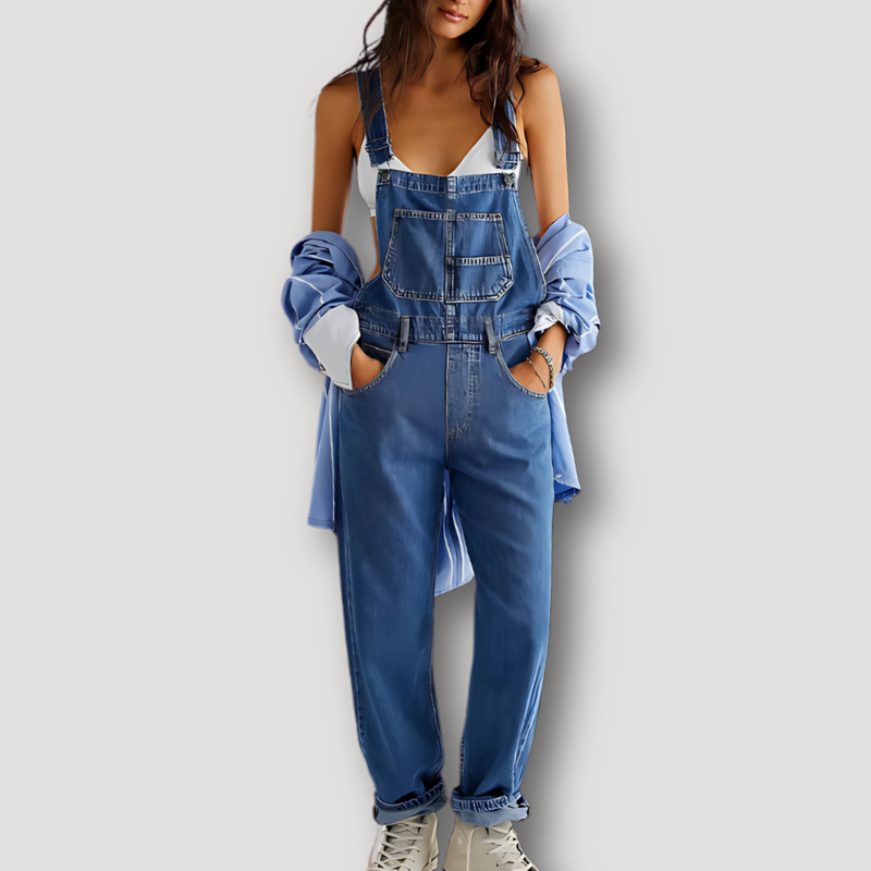 Loose Fit Patch Overall Denim Jumpsuit