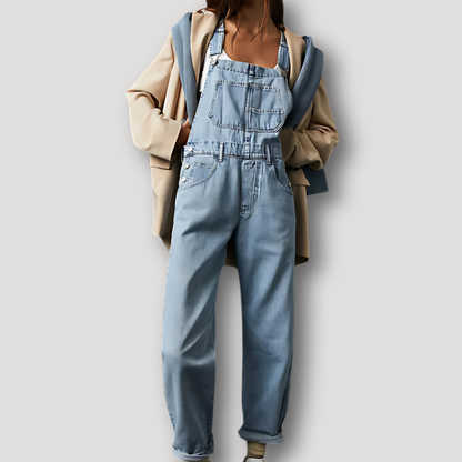 Loose Fit Patch Overall Denim Jumpsuit