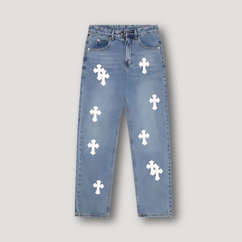 Aangepast Kruis Patch Straight Leg Denim Jeans