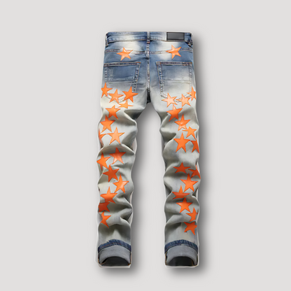 Oranje Ster Patchwork Distressed Vervaagd Denim Jeans