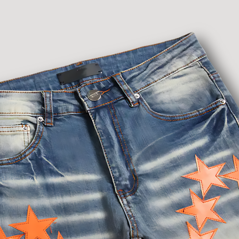 Oranje Ster Patchwork Distressed Vervaagd Denim Jeans