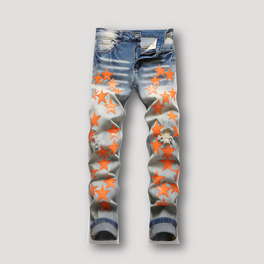 Oranje Ster Patchwork Distressed Vervaagd Denim Jeans