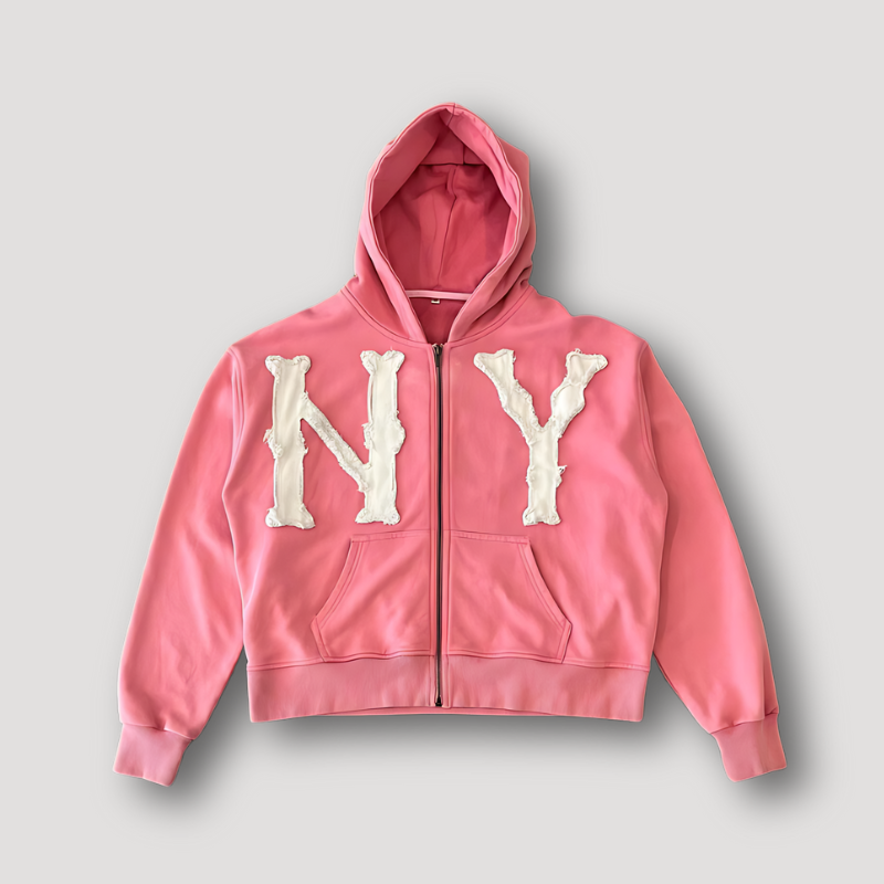 New York NY Furry Borduurwerk Zip Up Hoodie