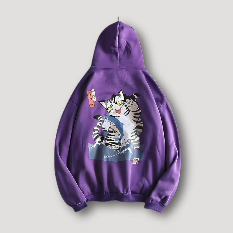 Paars Japans Geïnspireerde Cartoon Kat Grafisch Oversized Hoodie