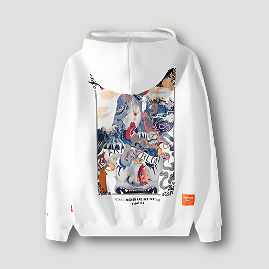 Woodblock Japans Geïnspireerde Draak Grafisch Druk Oversized Hoodie