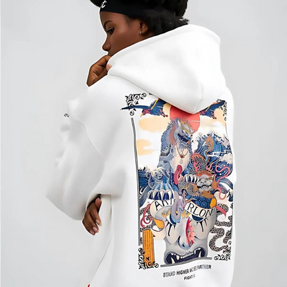 Woodblock Japans Geïnspireerde Draak Grafisch Druk Oversized Hoodie