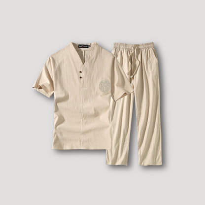 V-hals Korte Mouw Shirt Linen Pants Set Zomer Outfit