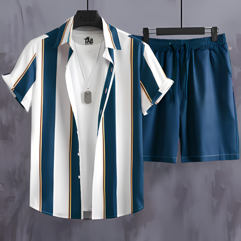 Heren Blauw Streep Kraag Shirt Zomer Outfit Set