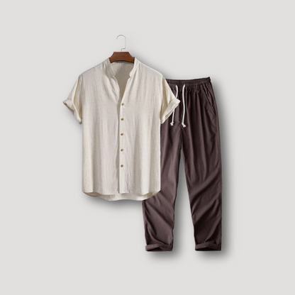 V-hals Opstaan Kraag Korte Mouw Shirt en Linen Trousers Set Zomer Outfit