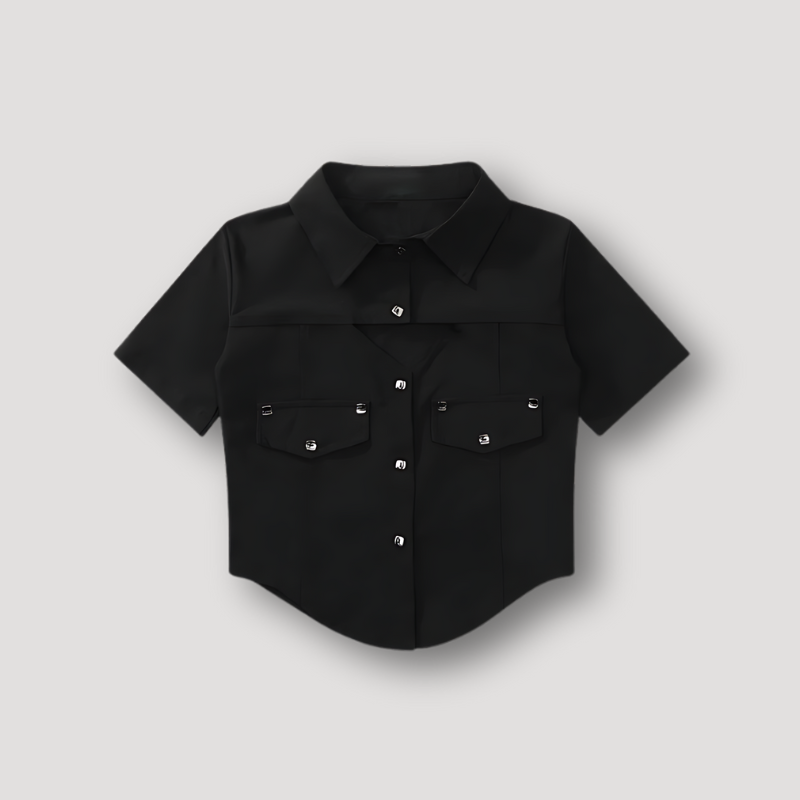 Korte Mouw Button Up Cropped Collar Shirt Dames