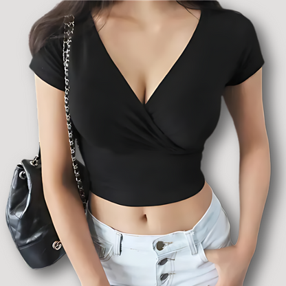 Tiefer V-hals Fitted Korte Mouw Crop Wikkel Top