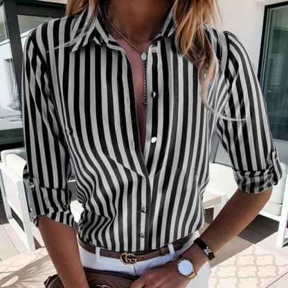 Button Up Verticaal Streep Getailleerd Lange Mouw Blouse Dames