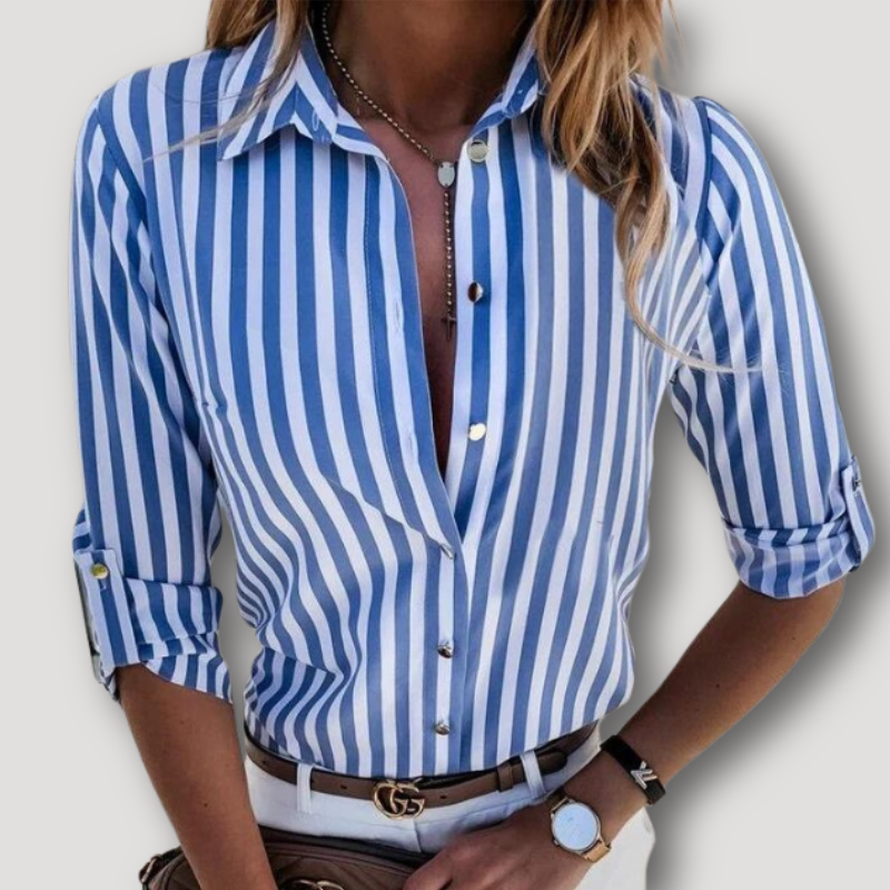 Button Up Verticaal Streep Getailleerd Lange Mouw Blouse Dames