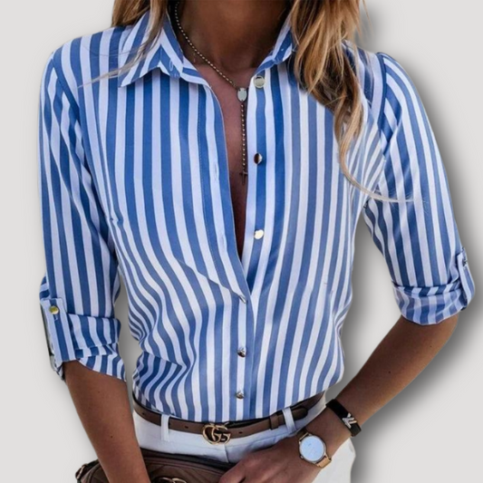 Button Up Verticaal Streep Getailleerd Lange Mouw Blouse Dames