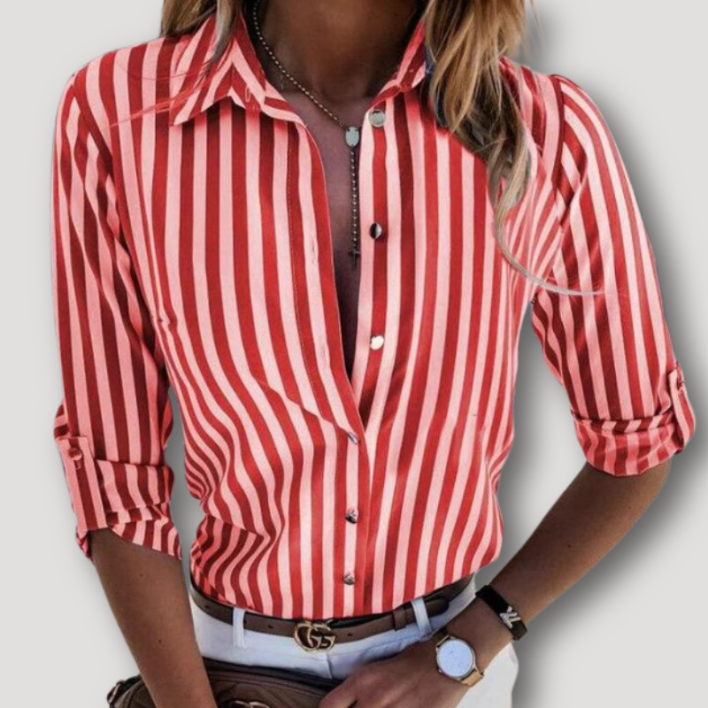 Button Up Verticaal Streep Getailleerd Lange Mouw Blouse Dames