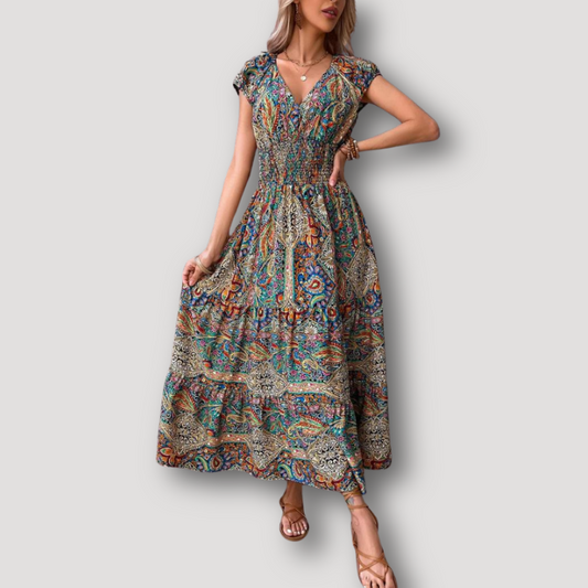 Paisley Bloemen Korte Mouw Boho Style Maxi Dress