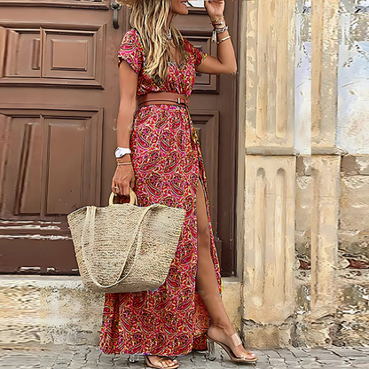 Lange Vloeiende Bedrukte Split Maxi Dress Boho Style