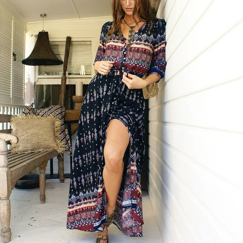 Tribal Geometrisch Button Down Boho Los Fit Maxi Jurk