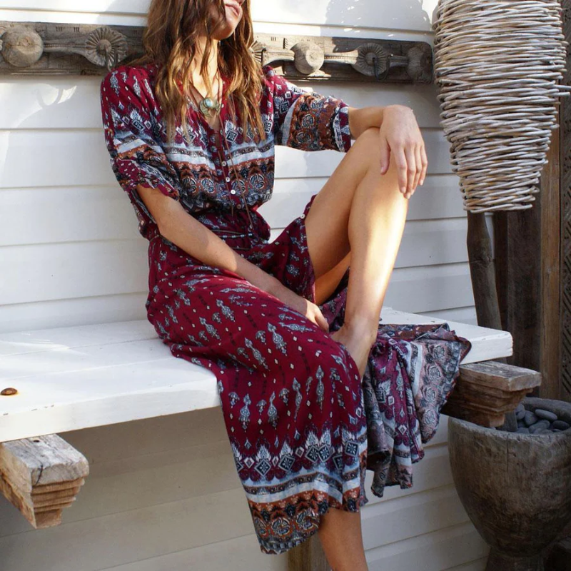 Tribal Geometrisch Button Down Boho Los Fit Maxi Jurk