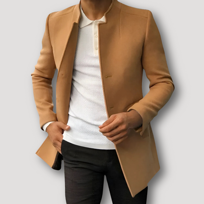 Slim Fit Kraagloos Wool Lange Coat Voor Mannen