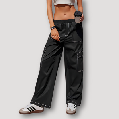 Zwart Wide Leg Contrastnaad Cargo Pants Dames