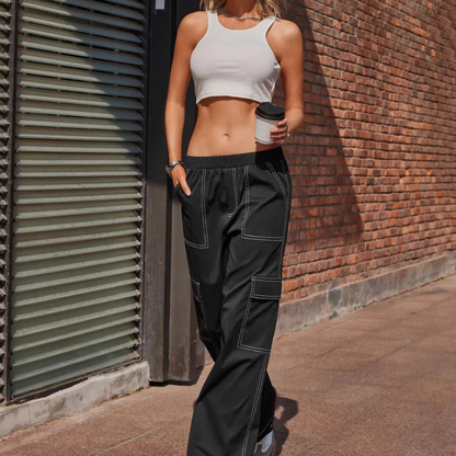 Zwart Wide Leg Contrastnaad Cargo Pants Dames