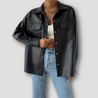 Oversized Faux Leather Shirt Jas Zwart Voor Dames