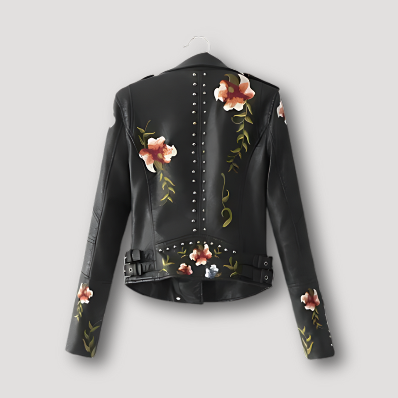 Zip Up Bloemen Borduurwerk Metal Studs Biker Leren Jas