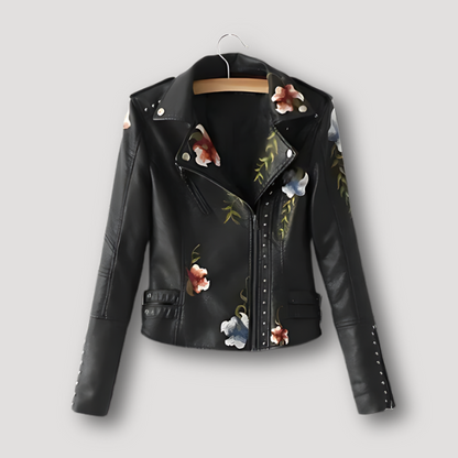 Zip Up Bloemen Borduurwerk Metal Studs Biker Leren Jas