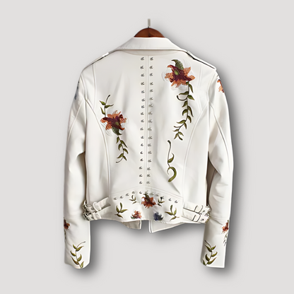 Zip Up Bloemen Borduurwerk Metal Studs Biker Leren Jas