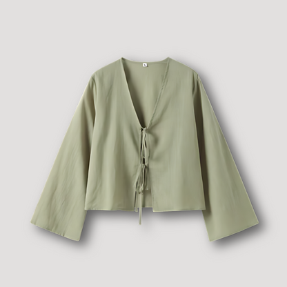 V-hals Klokmouwen Linnen Tie Front Blouse