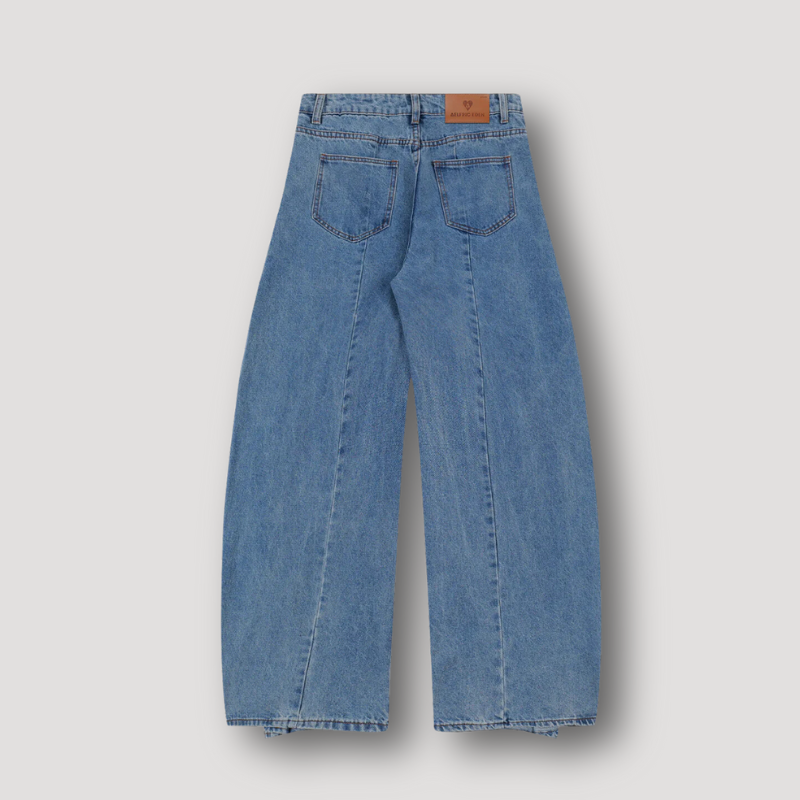 Verticale Nden Midden Washed Blauw Denim Jeans Wide Leg